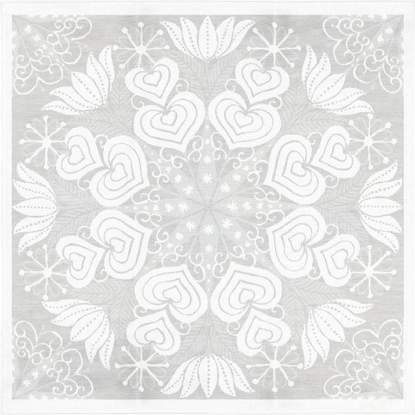 Nappe de Ekelund; Model Hjärtbo 091; Couleur principale gris en Mélange coton-lin; Taille 80x80 cm carré; Motif Amour et amitié, Noël Tissé