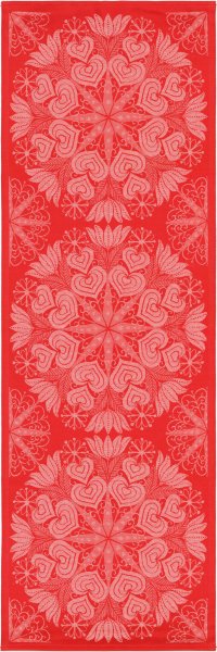 Chemin de table de Ekelund; Model Hjärtbo 330; Couleur principale rouge en Mélange coton-lin; Taille 50x150 cm rectangulaire; Motif Amour et amitié, Fête des mères, Noël Tissé