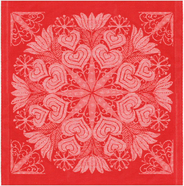 Serviette von Ekelund; Modell Hjärtbo 330 in Grundfarbe rot aus Baumwolle-Leinen-Mix; Größe 35x35 cm quadratisch; Motiv Liebe und Freundschaft, Weihnachten; Muster gewebt