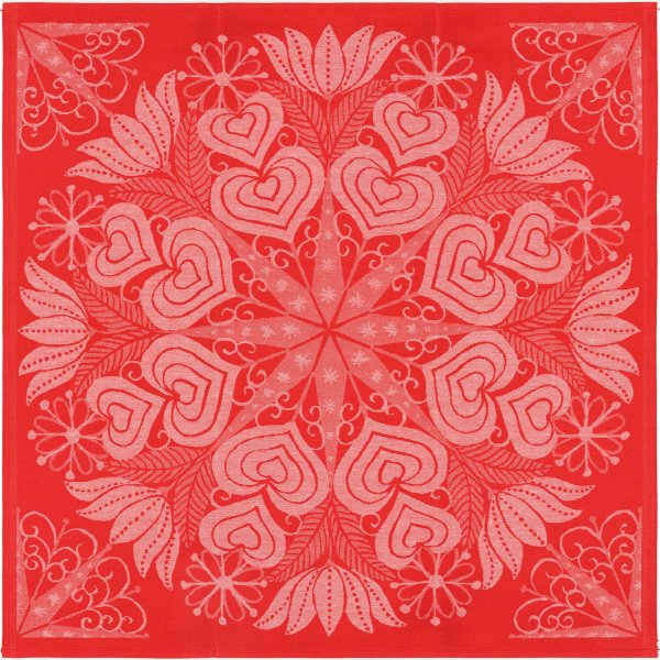 Tischdecke von Ekelund; Modell Hjärtbo 330 in Grundfarbe rot aus Baumwolle-Leinen-Mix; Größe 80x80 cm quadratisch; Motiv Liebe und Freundschaft, Muttertag, Weihnachten; Muster gewebt