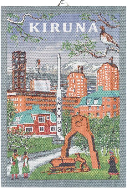 Towel from Ekelund; Model Kiruna ; main colour multicolored in cotton; Size 35x50 cm rectangular; Motif Places and cities; Pattern Pixel-wowen (6 colours)