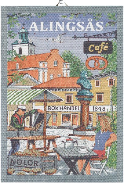 Towel from Ekelund; Model Alingsås ; main colour multicolored in cotton; Size 35x50 cm rectangular; Motif Places and cities; Pattern Pixel-wowen (6 colours)