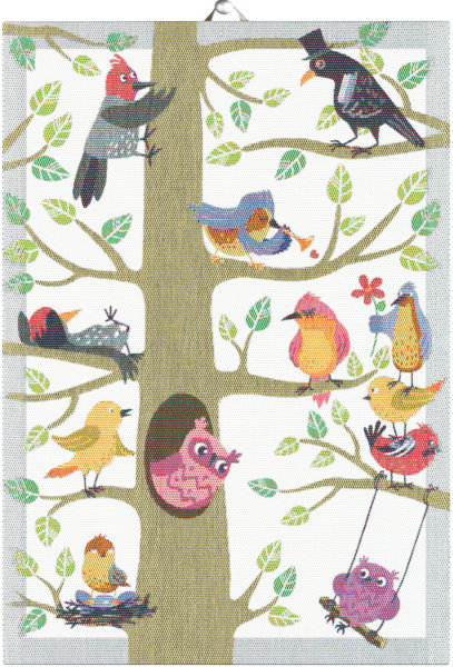 Towel from Ekelund; Model Vårfåglar ; main colour multicolored in cotton; Size 35x50 cm rectangular; Motif Spring, Animals; Pattern Pixel-wowen (6 colours)