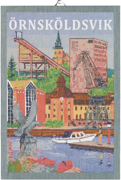 Trapo de cocina de Ekelund; Modelo Örnsköldsvik ; Color principal multicolor en algodón; Tamaño 35x50 cm rectangular; Motivo Lugares y ciudades tejido en pixel (6 colores)