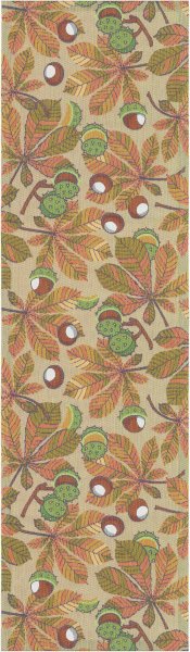 Table runner from Ekelund; Model Chestnut ; main colour brown in cotton; Size 35x120 cm rectangular; Motif Autumn, Fruit and vegetable; Pattern Pixel-wowen (6 colours)