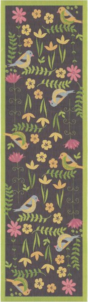 Table runner from Ekelund; Model Vårsång ; main colour black in cotton; Size 35x120 cm rectangular; Motif Spring, Animals; Pattern Pixel-wowen (6 colours)