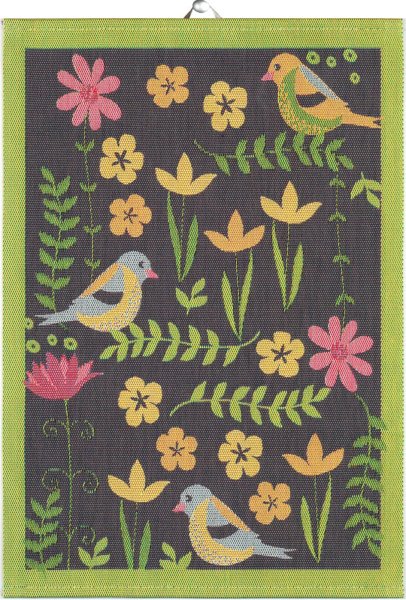 Essuie-mains de Ekelund; Model Vårsång ; Couleur principale noir en coton; Taille 35x50 cm rectangulaire; Motif Printemps, Animaux Pixel tissé (6 couleurs)