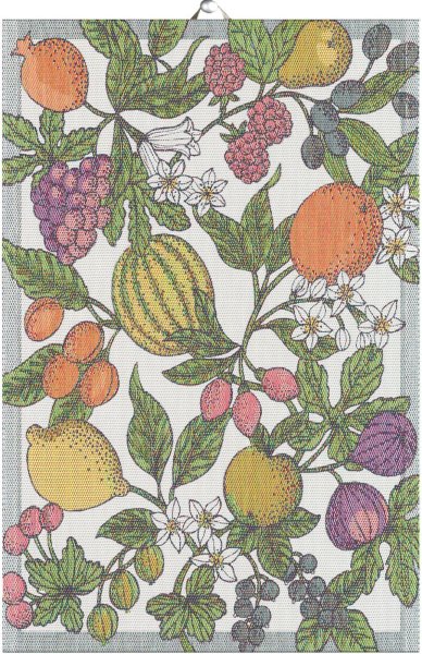 Küchenhandtuch von Ekelund; Modell Sommarfrukt  in Grundfarbe bunt aus Baumwolle; Größe 40x60 cm rechteckig; Motiv Obst und Gemüse, Sommer; Muster Pixel gewebt (6-farbig)