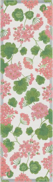 Table runner from Ekelund; Model Pelargonia ; main colour pink in cotton; Size 35x120 cm rectangular; Motif Flowers and plants, Summer; Pattern Pixel-wowen (6 colours)