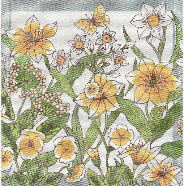 Serviette von Ekelund; Modell Daffodil  in Grundfarbe bunt aus Baumwolle; Größe 35x35 cm quadratisch; Motiv Blumen und Pflanzen, Frühling; Muster Pixel gewebt (6-farbig)