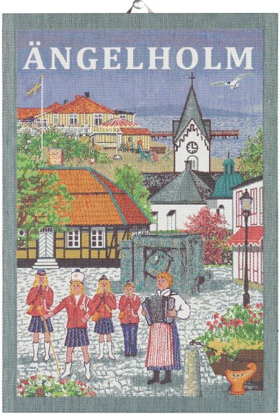 Towel from Ekelund; Model Ängelholm ; main colour multicolored in cotton; Size 35x50 cm rectangular; Motif Places and cities; Pattern Pixel-wowen (6 colours)