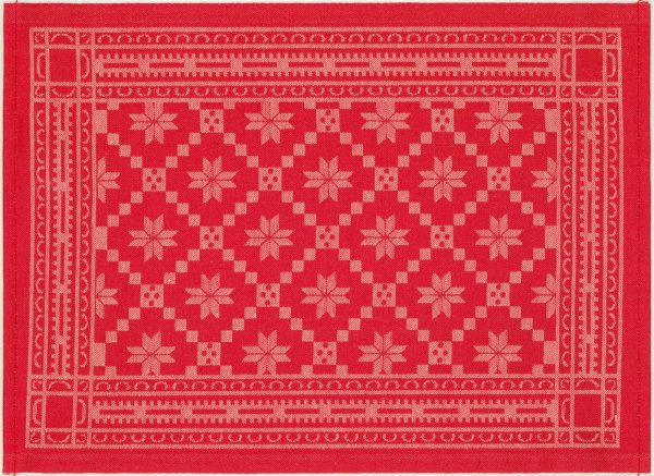 Individuales (2x Set) de Ekelund; Modelo Åttebladrose 330; Color principal rojo en mezcla de lino y algodón; Tamaño 35x48 cm rectangular; Motivo diseños gráficos, Navidad tejido