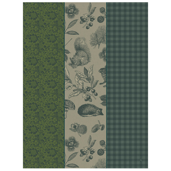 Tea towel from Le Jacquard Français; Model Dans Les Bois Tryptique Sapin; main colour green in cotton; Size 60x80 cm rectangular; Motif Autumn; Pattern jacquard woven