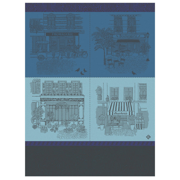 Tea towel from Le Jacquard Français; Model Devantures Soir; main colour blue in cotton; Size 60x80 cm rectangular; Motif Places and cities; Pattern jacquard woven