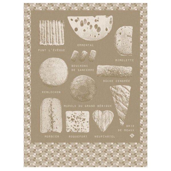 Torchon de Le Jacquard Français; Model Fromages Comte; Couleur principale brun en coton; Taille 60x80 cm rectangulaire; Motif Manger et boire tissé jacquard