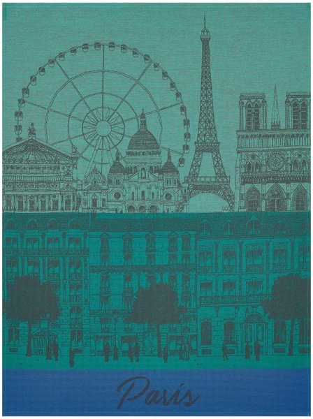 Paño de cocina de Le Jacquard Français; Modelo Paris Panorama Jardin; Color principal azul en algodón; Tamaño 60x80 cm rectangular; Motivo Lugares y ciudades en tejido jacquard