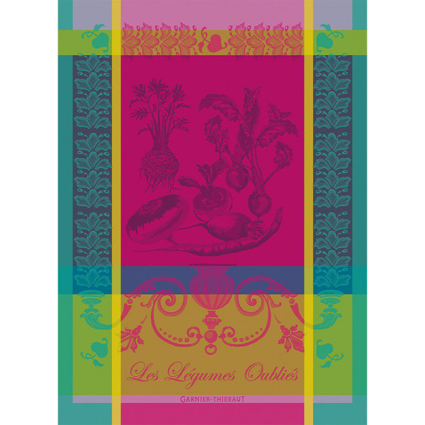 Paño de cocina de Garnier-Thiebaut; Modelo Legumes Oublies Fuchsia; Color principal multicolor en algodón; Tamaño 56x77 cm rectangular; Motivo Frutas y verduras en tejido jacquard