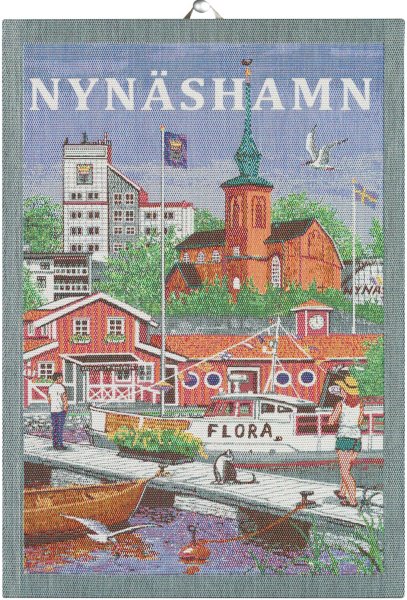 Towel from Ekelund; Model Nynäshamn ; main colour multicolored in cotton; Size 35x50 cm rectangular; Motif Places and cities; Pattern Pixel-wowen (3 colours)