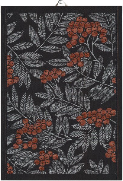 Towel from Ekelund; Model Rönnbärsblad ; main colour orange in cotton; Size 35x50 cm rectangular; Motif Flowers and plants, Autumn; Pattern Pixel-wowen (3 colours)