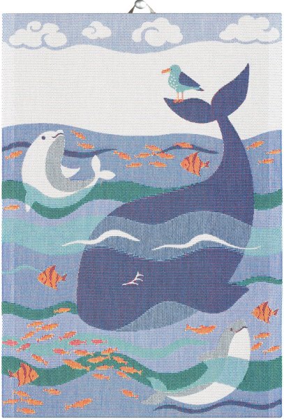 Towel from Ekelund; Model Whale ; main colour multicolored in cotton; Size 35x50 cm rectangular; Motif Maritime, Animals; Pattern Pixel-wowen (3 colours)