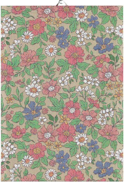 Towel from Ekelund; Model Blomsteräng ; main colour pink in cotton; Size 35x50 cm rectangular; Motif Flowers and plants, Summer; Pattern Pixel-wowen (3 colours)