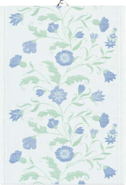 Towel from Ekelund; Model Blå Blom 010; main colour blue in cotton; Size 35x50 cm rectangular; Motif Flowers and plants, Summer; Pattern Pixel-wowen (3 colours)