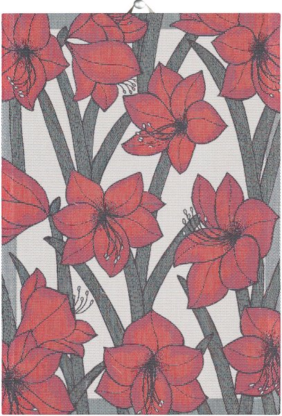 Küchenhandtuch von Ekelund; Modell Amaryllis  in Grundfarbe rot aus Baumwolle; Größe 35x50 cm rechteckig; Motiv Blumen und Pflanzen, Weihnachten; Muster Pixel gewebt (3-farbig)