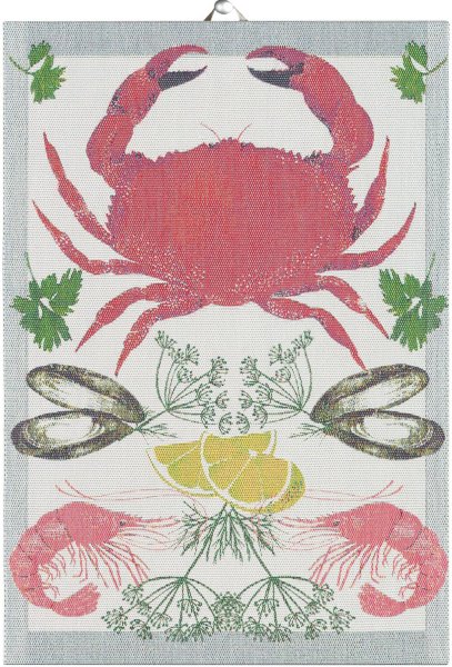 Küchenhandtuch von Ekelund; Modell Seafood  in Grundfarbe bunt aus Baumwolle; Größe 35x50 cm rechteckig; Motiv Essen und Trinken, Maritim; Muster Pixel gewebt (3-farbig)