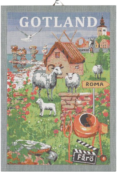 Towel from Ekelund; Model Gotlandsidyll ; main colour multicolored in cotton; Size 35x50 cm rectangular; Motif Places and cities; Pattern Pixel-wowen (3 colours)