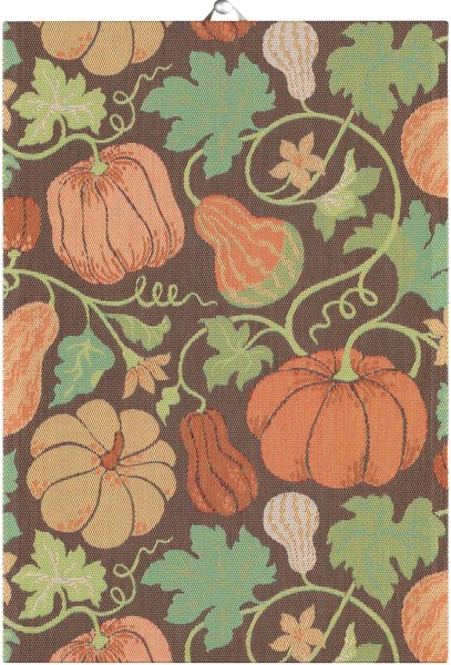 Küchenhandtuch von Ekelund; Modell Plenty of Pumpkins  in Grundfarbe bunt aus Baumwolle; Größe 35x50 cm rechteckig; Motiv Halloween, Herbst, Obst und Gemüse; Muster Pixel gewebt (3-farbig)