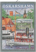 Towel from Ekelund; Model Oskarshamn ; main colour multicolored in cotton; Size 35x50 cm rectangular; Motif Places and cities; Pattern Pixel-wowen (3 colours)