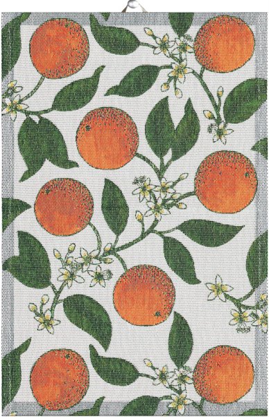 Towel from Ekelund; Model Apelsiner ; main colour orange in cotton; Size 40x60 cm rectangular; Motif Fruit and vegetable, Summer; Pattern Pixel-wowen (6 colours)