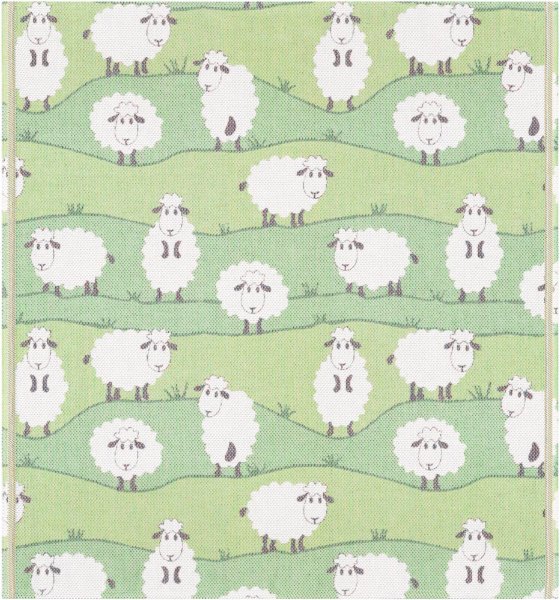 Babydecke von Ekelund; Modell Sheep  in Grundfarbe grün aus Baumwolle; Größe 70x75 cm rechteckig; Motiv Kinderserien, Tiere; Muster gewebt