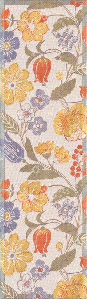 Table runner from Ekelund; Model Blomsterslinga ; main colour multicolored in cotton; Size 35x120 cm rectangular; Motif Flowers and plants; Pattern Pixel-wowen (3 colours)