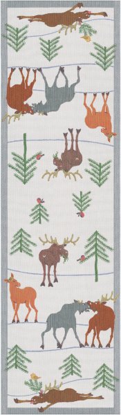 Chemin de table de Ekelund; Model Clumsy Moose ; Couleur principale multicolore en coton; Taille 35x120 cm rectangulaire; Motif Animaux Pixel tissé (6 couleurs)