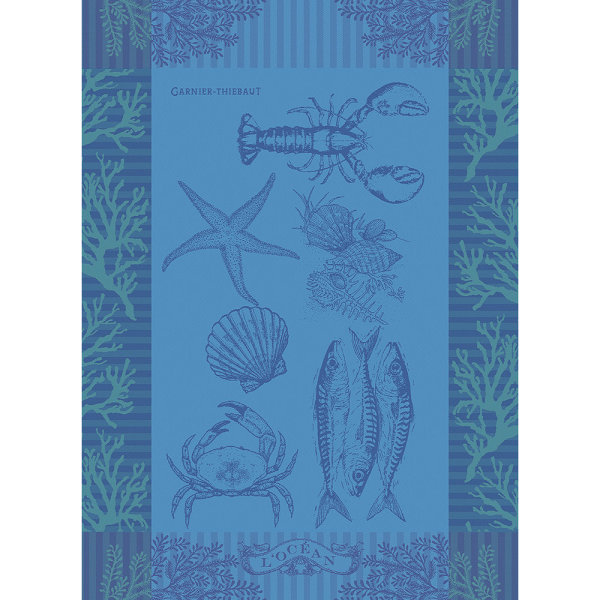 Torchon de Garnier-Thiebaut; Model LOcean Bleu; Couleur principale bleu en coton; Taille 56x77 cm rectangulaire; Motif Maritime, Animaux tissé jacquard