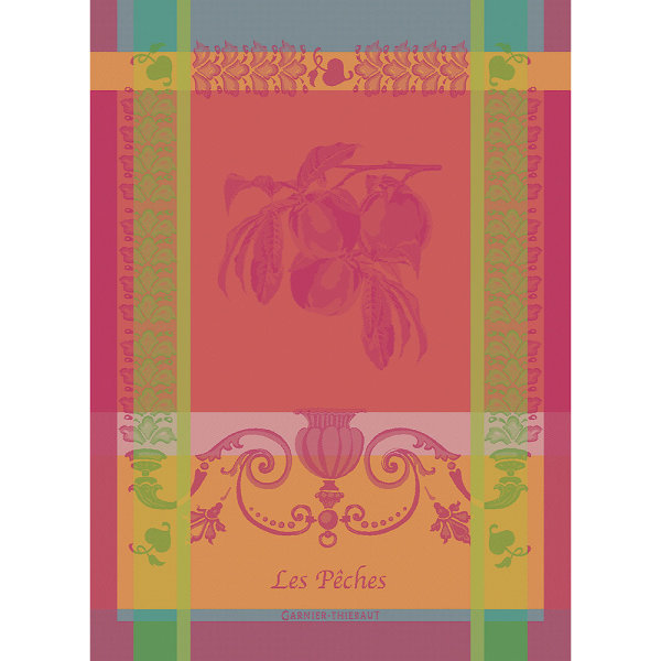 Tea towel from Garnier-Thiebaut; Model Les Peches Rose; main colour pink in cotton; Size 56x77 cm rectangular; Motif Fruit and vegetable; Pattern jacquard woven