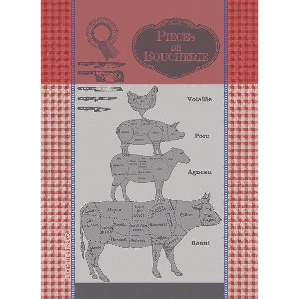 Tea towel from Garnier-Thiebaut; Model Piece De Boucherie Rouge; main colour pink in cotton; Size 56x77 cm rectangular; Motif Food and drink, Animals; Pattern jacquard woven