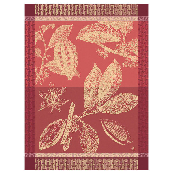 Tea towel from Le Jacquard Français; Model Chocolats Fève Rubis; main colour red in cotton; Size 60x80 cm rectangular; Motif Fruit and vegetable; Pattern jacquard woven