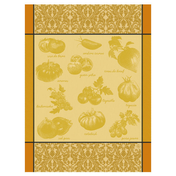 Tea towel from Le Jacquard Français; Model Tomates Etc Jaune; main colour yellow in cotton; Size 60x80 cm rectangular; Motif Fruit and vegetable, Summer; Pattern jacquard woven