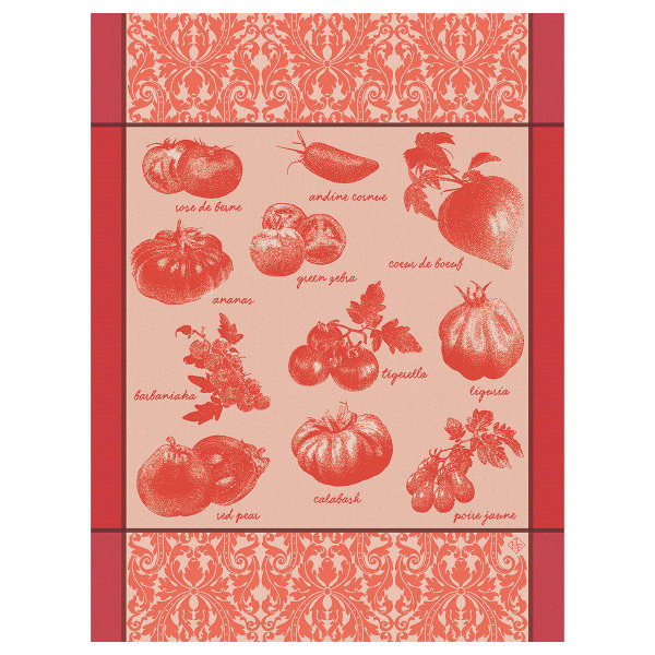 Torchon de Le Jacquard Français; Model Tomates Etc Rouge; Couleur principale rouge en coton; Taille 60x80 cm rectangulaire; Motif Fruits et légumes, Été tissé jacquard