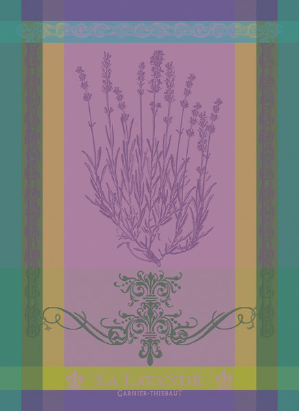 Torchon de Garnier-Thiebaut; Model Lavande Mauve; Couleur principale violet en coton; Taille 56x77 cm rectangulaire; Motif Fruits et légumes tissé jacquard