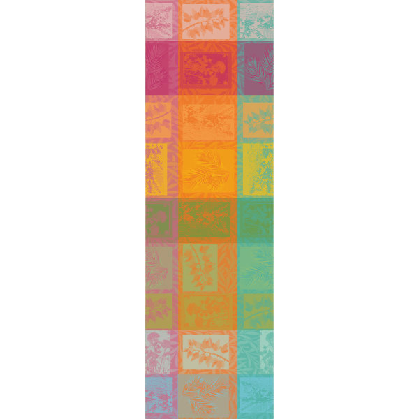 Table runner from Garnier-Thiebaut; Model Mille Végétaux Arc-en-ciel; main colour multicolored in cotton; Size 55x180 cm rectangular; Motif Flowers and plants; Pattern jacquard woven