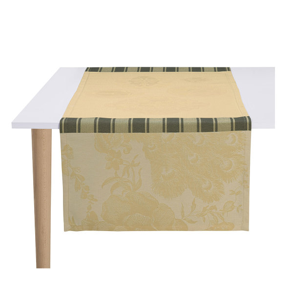 Chemin de table de Le Jacquard Français; Model A La Française Soie; Couleur principale jaune en coton; Taille 55x150 cm rectangulaire; Motif Fleurs et plantes, Occasions festives tissé jacquard