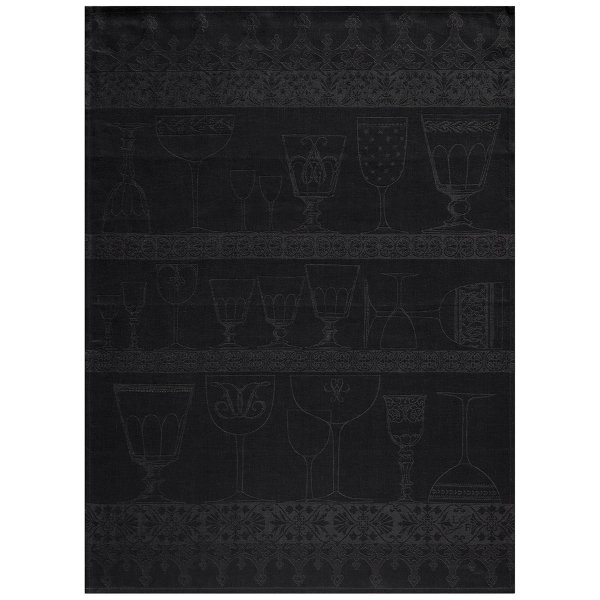 Gläsertuch von Le Jacquard Français; Modell Cristal Onyx in Grundfarbe schwarz aus Leinen; Größe 60x80 cm rechteckig; Motiv Essen und Trinken; Muster jacquard-gewebt