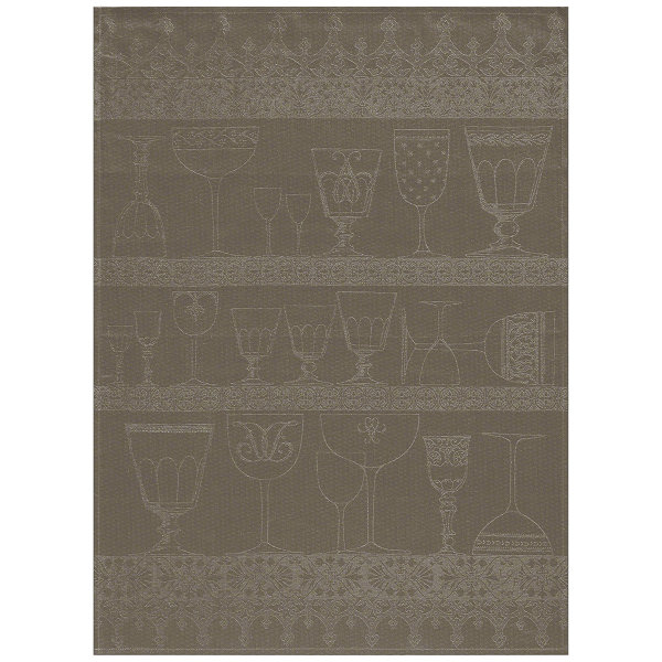 Essuie-verres de Le Jacquard Français; Model Cristal Poivregris; Couleur principale brun en lin; Taille 60x80 cm rectangulaire; Motif Manger et boire tissé jacquard