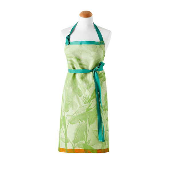 Apron from Le Jacquard Français; Model Équateur Perroquet; main colour green in cotton; Size 80x96 cm ; Motif Summer; Pattern jacquard woven