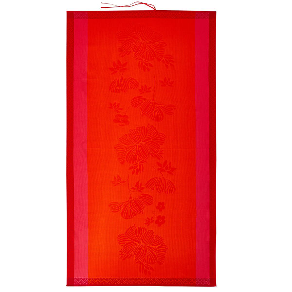 Strandtuch von Le Jacquard Français; Modell Monoï Capucine in Grundfarbe rot aus Baumwolle; Größe 100x200 cm rechteckig; Motiv Blumen und Pflanzen; Muster Waffelpiqué