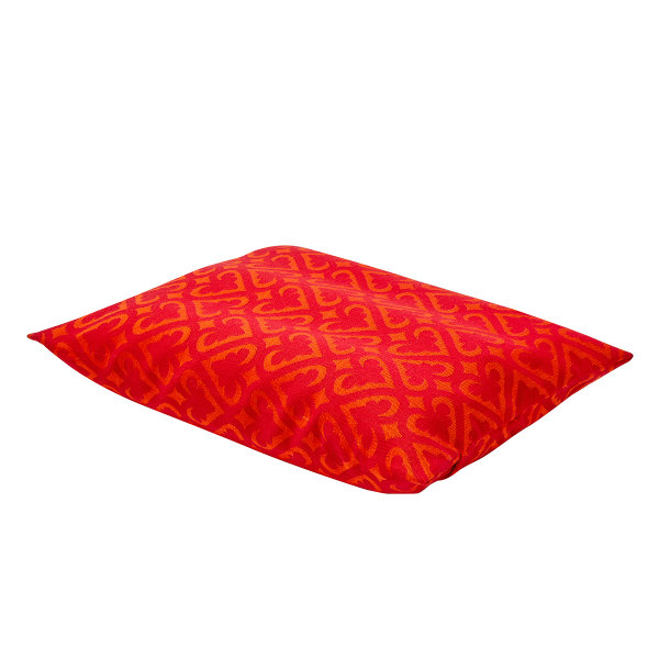 Coussin de plage de Le Jacquard Français; Model Monoï Capucine; Couleur principale rouge en coton; Taille 25x32 cm rectangulaire; Motif dessins graphiques tissé jacquard