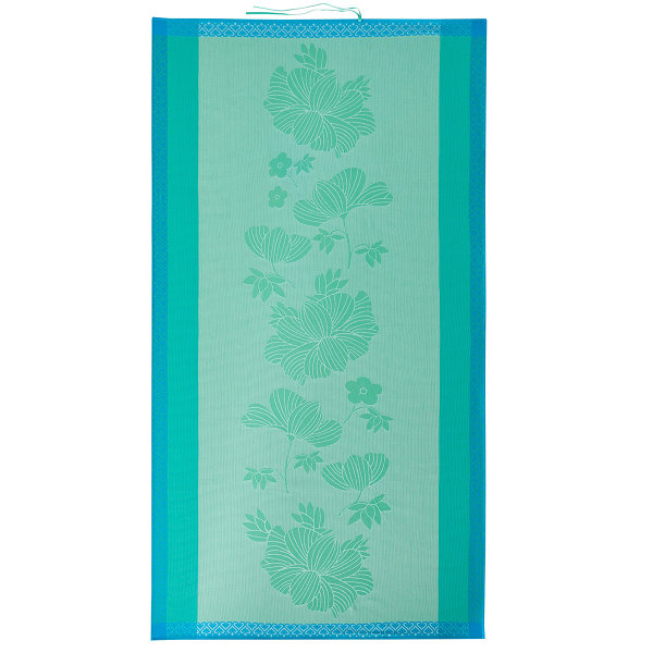 Drap de plage de Le Jacquard Français; Model Monoï Lagon; Couleur principale vert en coton; Taille 100x200 cm rectangulaire; Motif Fleurs et plantes nid dabeilles